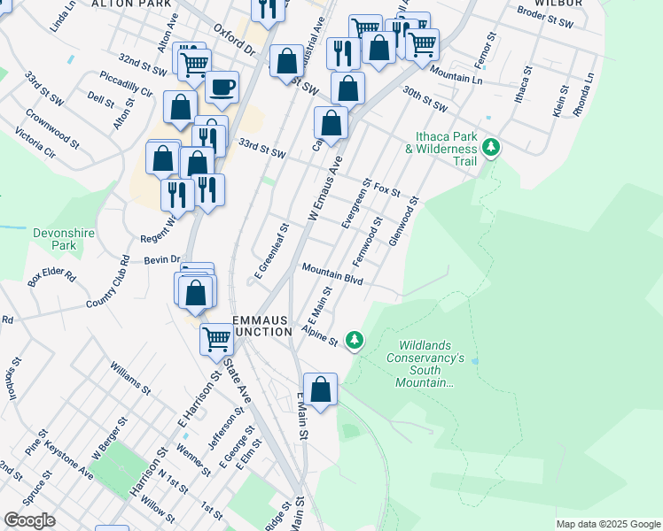 map of restaurants, bars, coffee shops, grocery stores, and more near 606 Evergreen Street in Emmaus