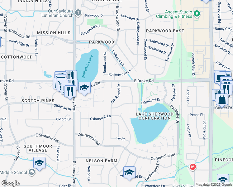 map of restaurants, bars, coffee shops, grocery stores, and more near 2712 Brookwood Court in Fort Collins