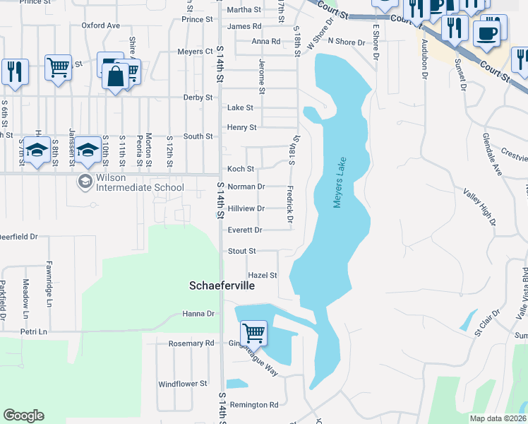 map of restaurants, bars, coffee shops, grocery stores, and more near 1510 Hillview Drive in Pekin