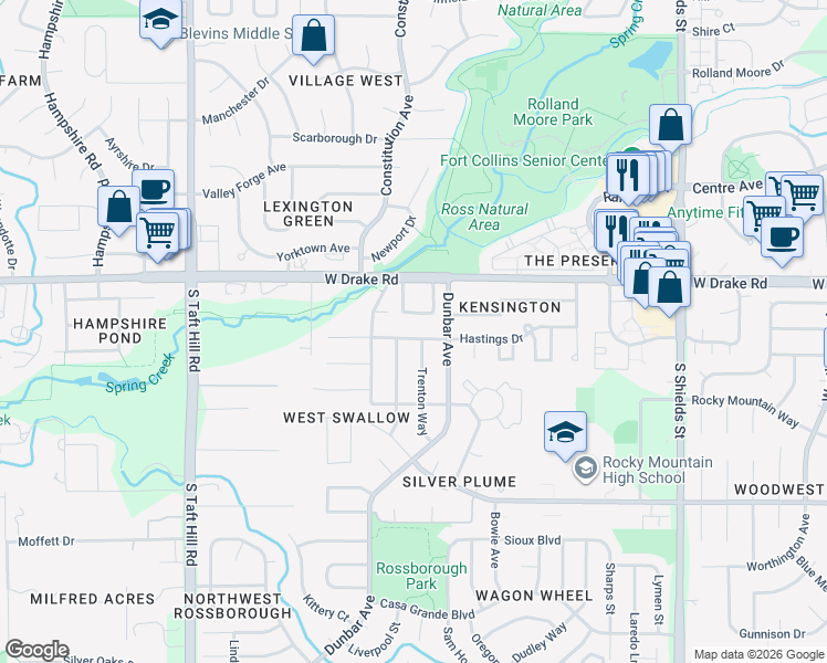 map of restaurants, bars, coffee shops, grocery stores, and more near 1624 Hastings Drive in Fort Collins