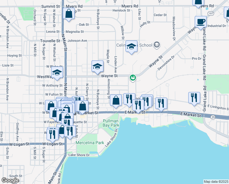 map of restaurants, bars, coffee shops, grocery stores, and more near 517 E Fulton St in Celina