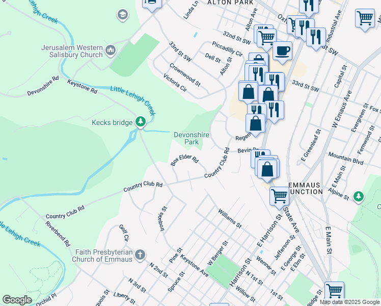 map of restaurants, bars, coffee shops, grocery stores, and more near 1841 Box Elder Road in Allentown