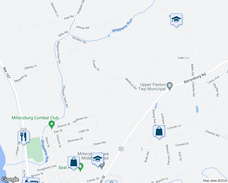 map of restaurants, bars, coffee shops, grocery stores, and more near 990 Evelyn Dr in Millersburg