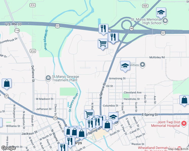 map of restaurants, bars, coffee shops, grocery stores, and more near 600-798 Grove Lane in Saint Marys