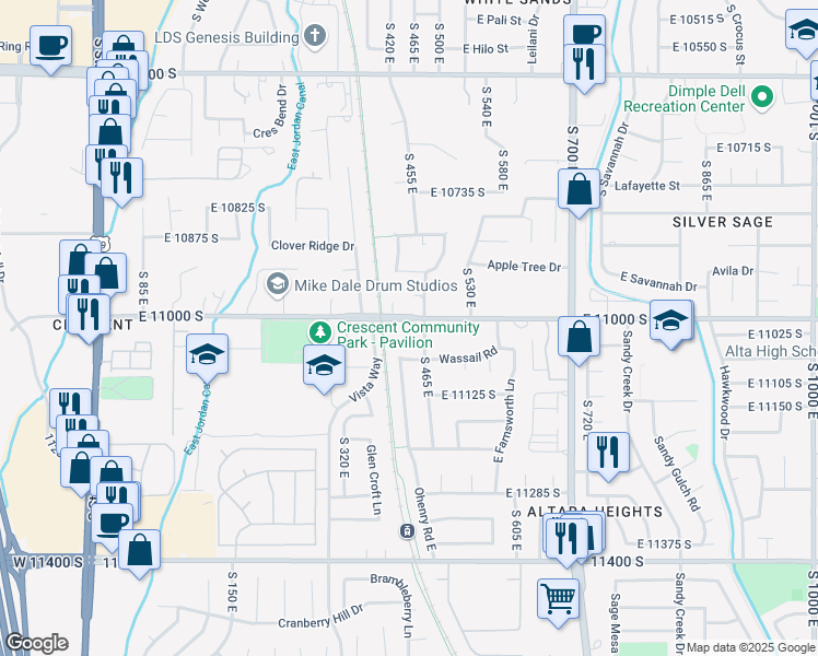 map of restaurants, bars, coffee shops, grocery stores, and more near 440 East 11000 South in Sandy