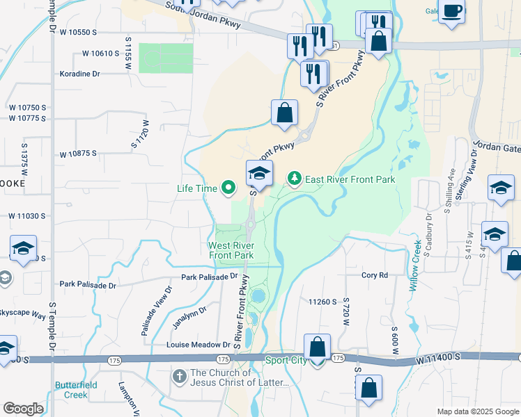 map of restaurants, bars, coffee shops, grocery stores, and more near 10997 South River Front Parkway in South Jordan