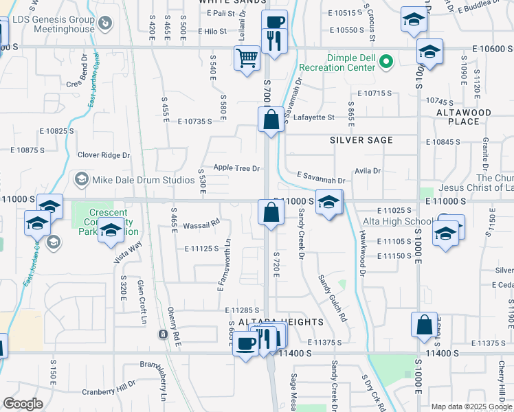 map of restaurants, bars, coffee shops, grocery stores, and more near 11025 South Grapevine Cove in Sandy