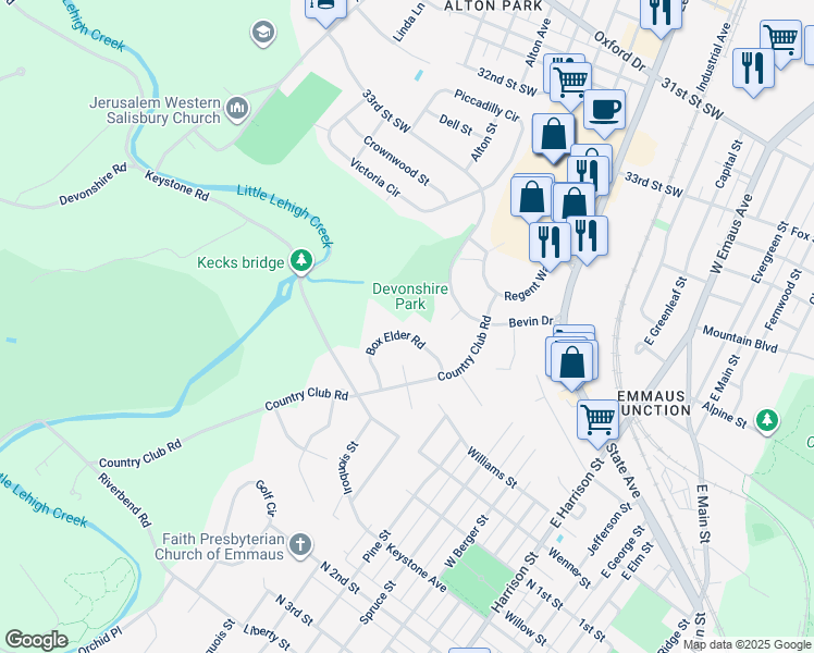 map of restaurants, bars, coffee shops, grocery stores, and more near 1841 Box Elder Road in Allentown