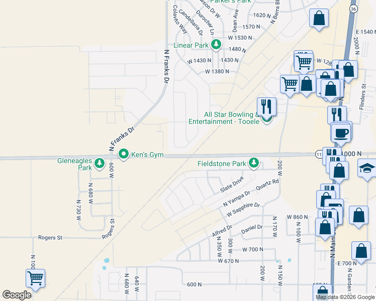 map of restaurants, bars, coffee shops, grocery stores, and more near 452 Diamant Lane in Tooele