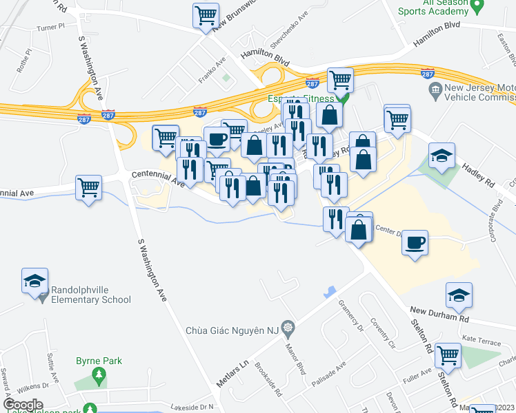 map of restaurants, bars, coffee shops, grocery stores, and more near 1364 Centennial Avenue in Piscataway Township
