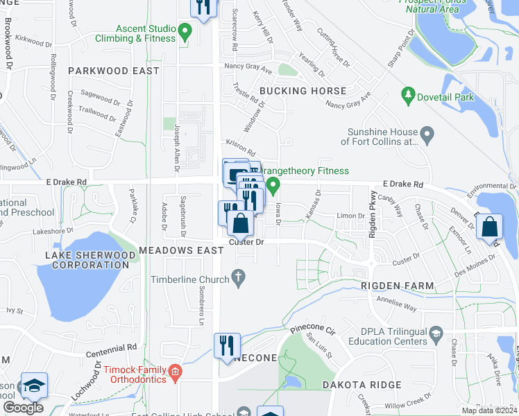 map of restaurants, bars, coffee shops, grocery stores, and more near 2707 Iowa Drive in Fort Collins
