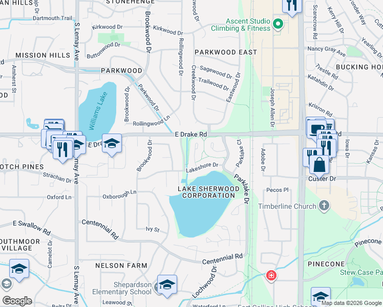 map of restaurants, bars, coffee shops, grocery stores, and more near 2642 Shadow Court in Fort Collins
