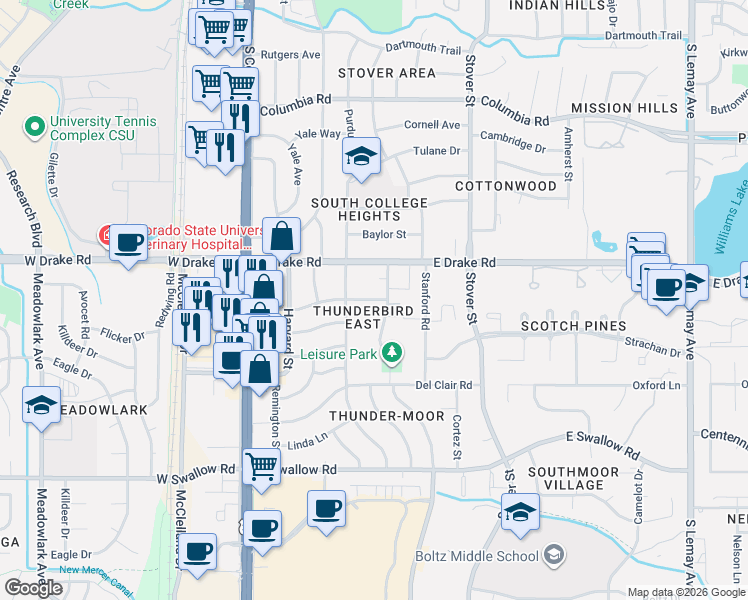 map of restaurants, bars, coffee shops, grocery stores, and more near 411 East Thunderbird Drive in Fort Collins