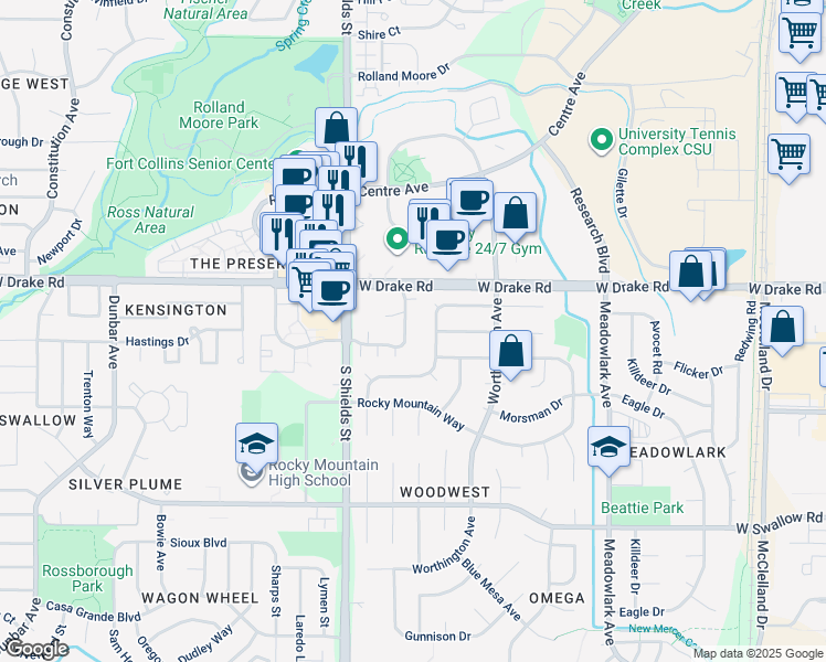 map of restaurants, bars, coffee shops, grocery stores, and more near 906 Wagonwheel Drive in Fort Collins