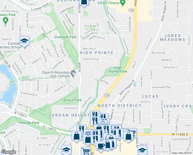 map of restaurants, bars, coffee shops, grocery stores, and more near 3909 Bethpage Court in South Jordan