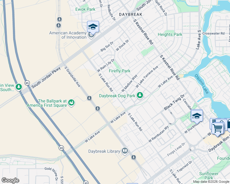 map of restaurants, bars, coffee shops, grocery stores, and more near 11023 Lake Run Road in South Jordan