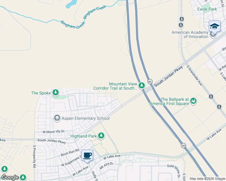 map of restaurants, bars, coffee shops, grocery stores, and more near Mountain View Corridor Trail in South Jordan