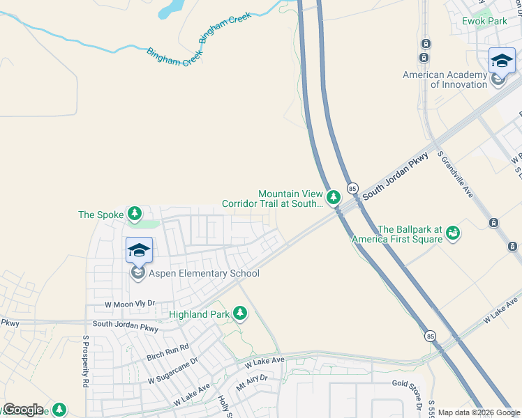 map of restaurants, bars, coffee shops, grocery stores, and more near Mountain View Corridor Trail in South Jordan