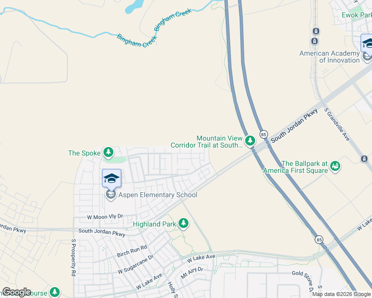 map of restaurants, bars, coffee shops, grocery stores, and more near Kitty Hawk Road in South Jordan