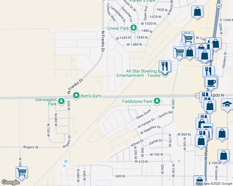 map of restaurants, bars, coffee shops, grocery stores, and more near 452 Diamant Lane in Tooele