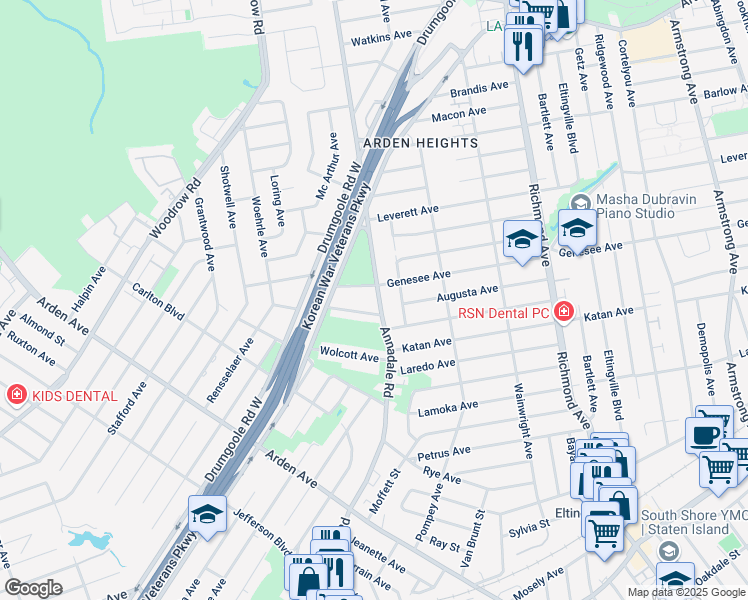 map of restaurants, bars, coffee shops, grocery stores, and more near 469 Annadale Road in Staten Island
