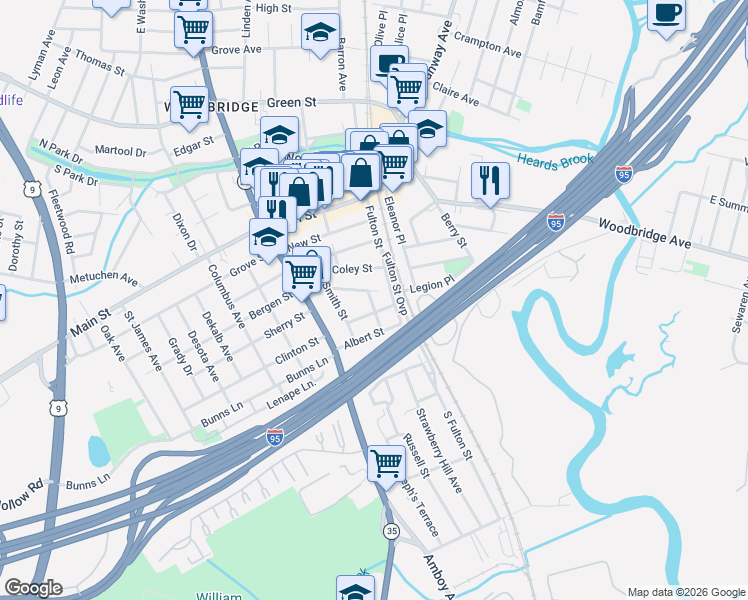 map of restaurants, bars, coffee shops, grocery stores, and more near 267 Fulton Street in Woodbridge Township