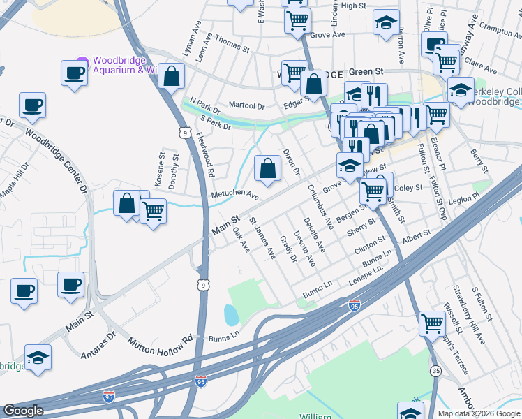 map of restaurants, bars, coffee shops, grocery stores, and more near 250 Grove Street in Woodbridge Township