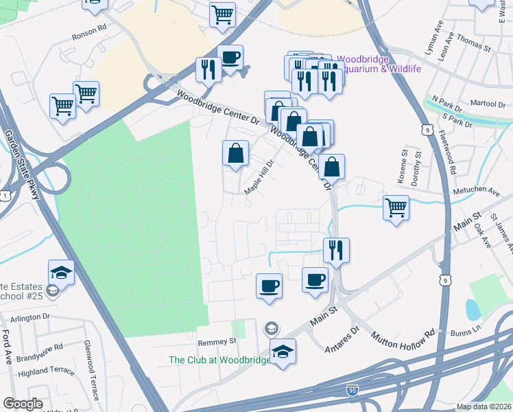 map of restaurants, bars, coffee shops, grocery stores, and more near 79 Wick Drive in Woodbridge Township