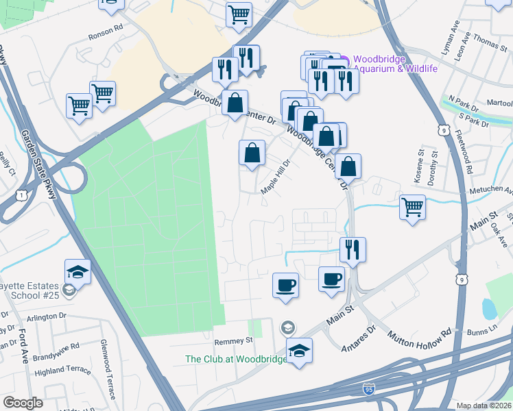 map of restaurants, bars, coffee shops, grocery stores, and more near 1001 Maple Hill Drive in Woodbridge Township