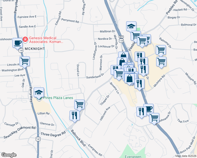 map of restaurants, bars, coffee shops, grocery stores, and more near 600 Sunderland Drive in Pittsburgh