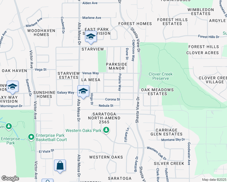 map of restaurants, bars, coffee shops, grocery stores, and more near 2440 Galaxy Way in Redding