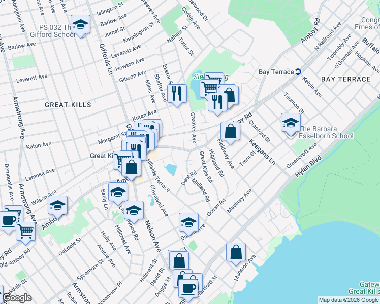 map of restaurants, bars, coffee shops, grocery stores, and more near Amboy Road & Midland Road in Staten Island