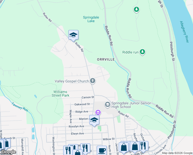 map of restaurants, bars, coffee shops, grocery stores, and more near 126 Melzina Street in Springdale