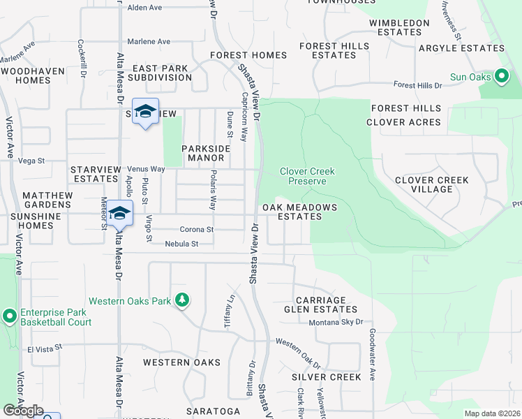 map of restaurants, bars, coffee shops, grocery stores, and more near 2603 Galaxy Way in Redding