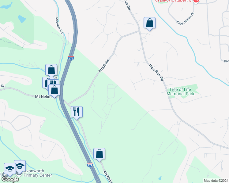 map of restaurants, bars, coffee shops, grocery stores, and more near 803 Bear Run Drive in Pittsburgh