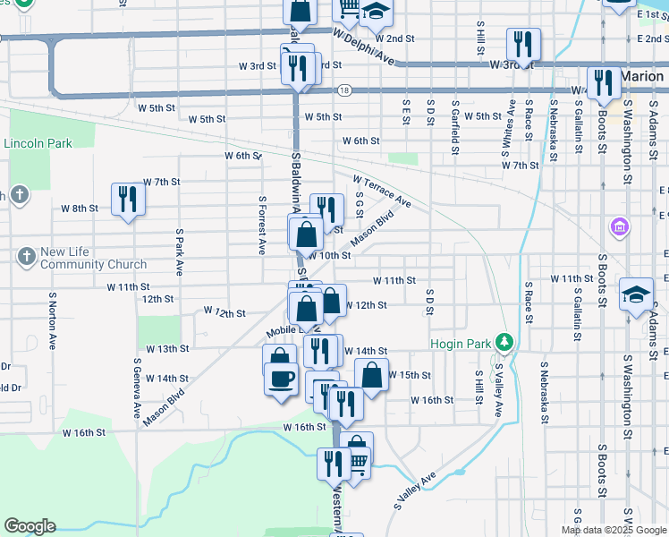 map of restaurants, bars, coffee shops, grocery stores, and more near 1048 South Western Avenue in Marion