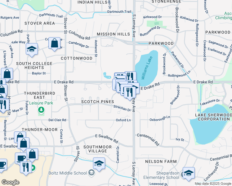 map of restaurants, bars, coffee shops, grocery stores, and more near 2708 Edinburgh Street in Fort Collins