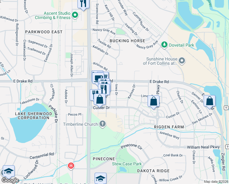 map of restaurants, bars, coffee shops, grocery stores, and more near 2707 Iowa Drive in Fort Collins