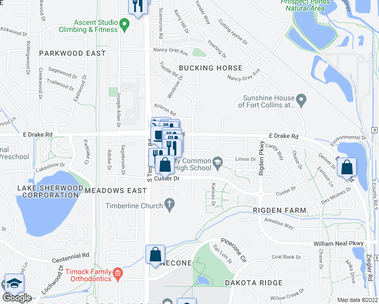 map of restaurants, bars, coffee shops, grocery stores, and more near 2707 Iowa Drive in Fort Collins