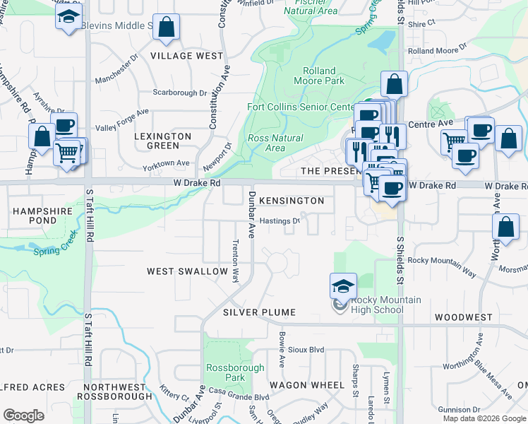map of restaurants, bars, coffee shops, grocery stores, and more near 1530 Hastings Drive in Fort Collins