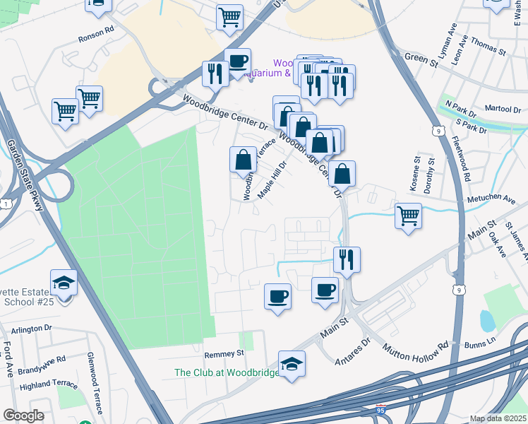 map of restaurants, bars, coffee shops, grocery stores, and more near 809 Maple Hill Drive in Woodbridge Township