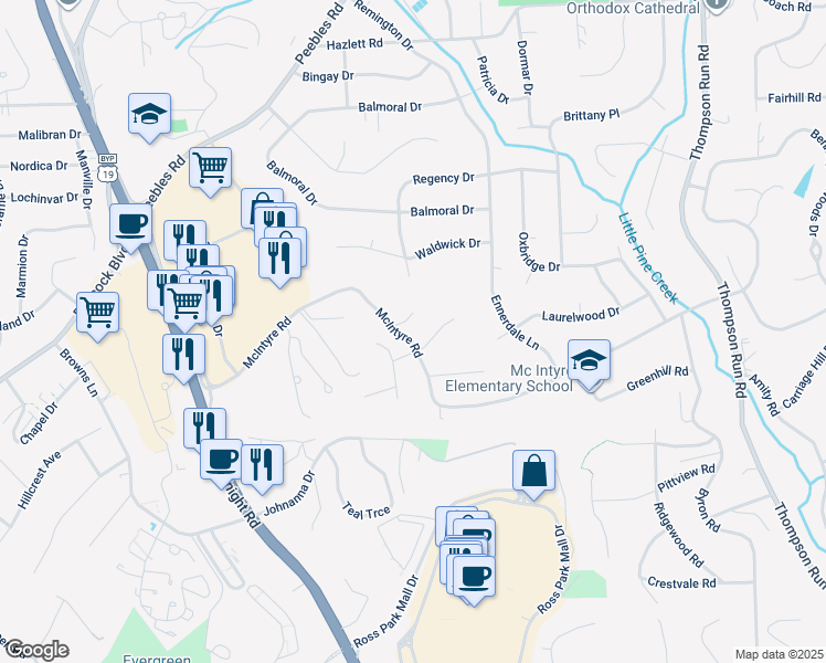 map of restaurants, bars, coffee shops, grocery stores, and more near 115 Derwent Drive in Pittsburgh