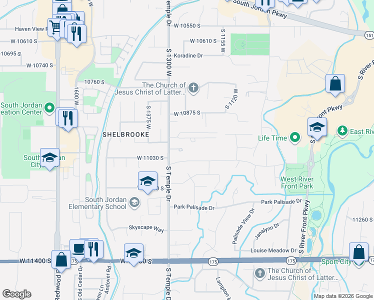 map of restaurants, bars, coffee shops, grocery stores, and more near 1262 West Dusty Downs Circle in South Jordan