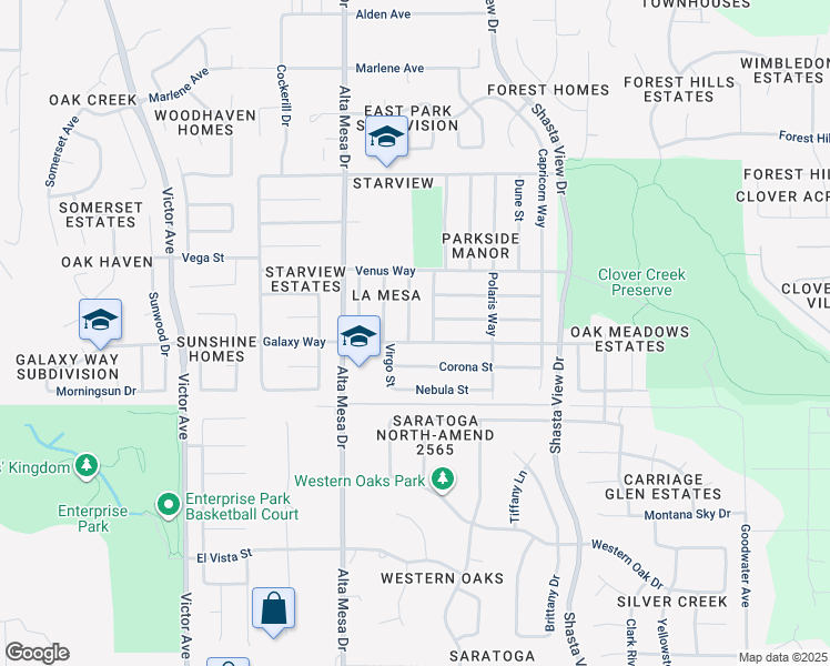 map of restaurants, bars, coffee shops, grocery stores, and more near 3881 Pegasus Street in Redding