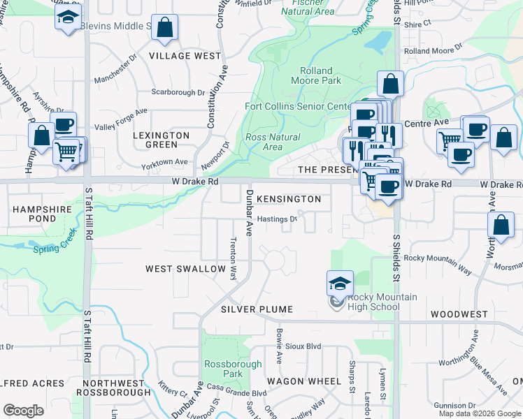 map of restaurants, bars, coffee shops, grocery stores, and more near 1530 Hastings Drive in Fort Collins