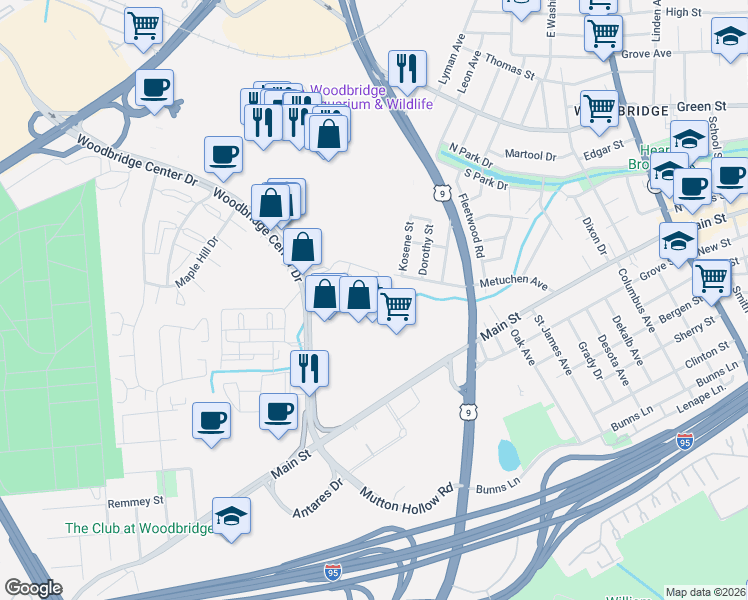 map of restaurants, bars, coffee shops, grocery stores, and more near 704 Sharon Garden Court in Woodbridge Township