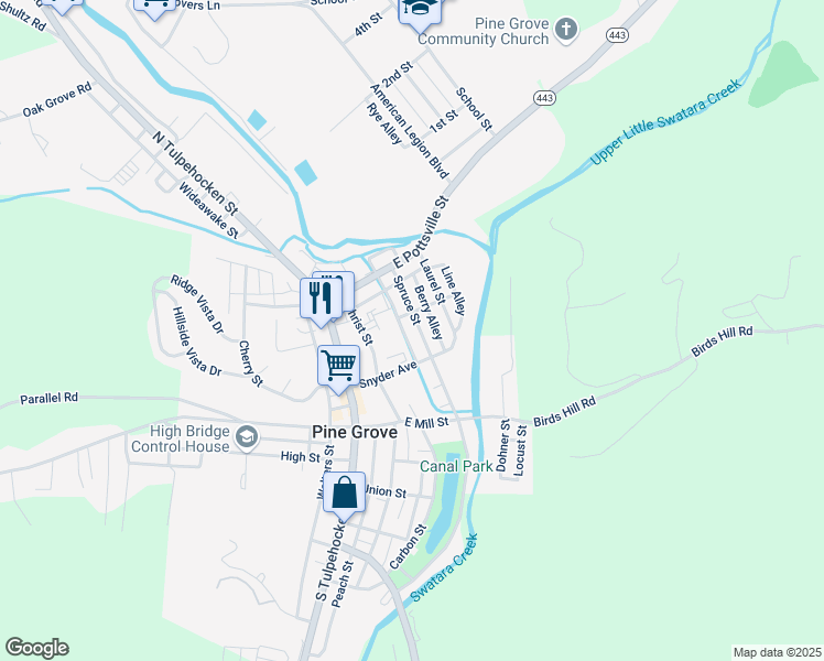 map of restaurants, bars, coffee shops, grocery stores, and more near 26 Spruce Street in Pine Grove