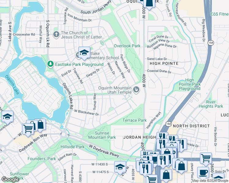 map of restaurants, bars, coffee shops, grocery stores, and more near 4172 Lake Bridge Drive in South Jordan