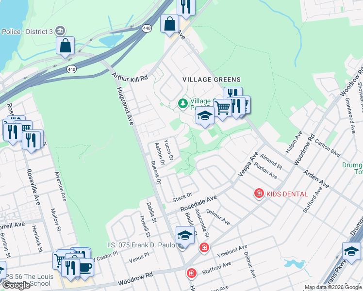 map of restaurants, bars, coffee shops, grocery stores, and more near 16 Maple Court in Staten Island