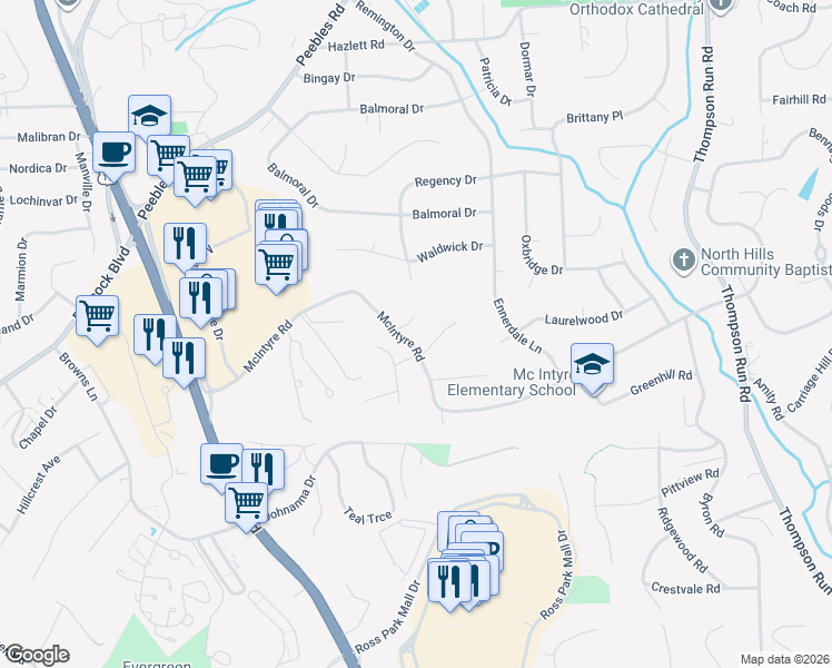 map of restaurants, bars, coffee shops, grocery stores, and more near 115 Derwent Drive in Pittsburgh
